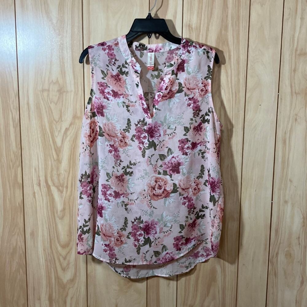 No Boundaries Pink Floral Sheer V-Neck Sleeveless Blouse Juniors XXL